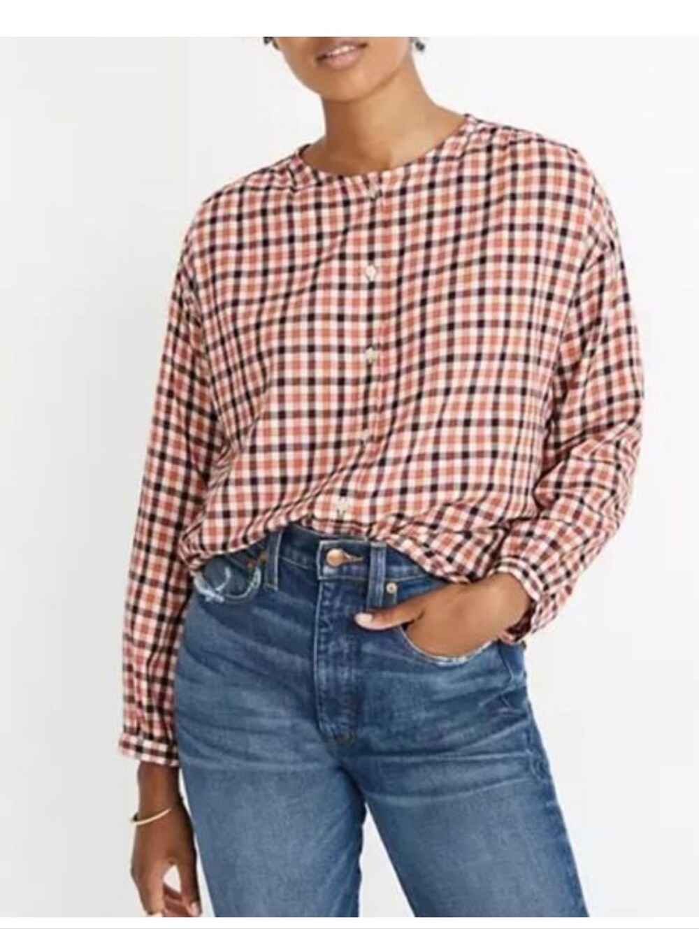 Madewell Meadow Check Shirt Long Sleeve Button Front Orange XL